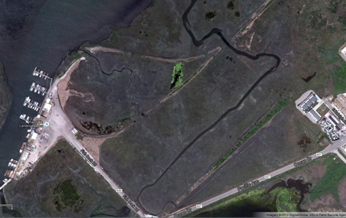 Aerial Photograph of Two Mile Landing on Ocean Drive below Wildwood Crest, NJ, showing the abandoned railroad bed, in the shape of a turnaround loop.